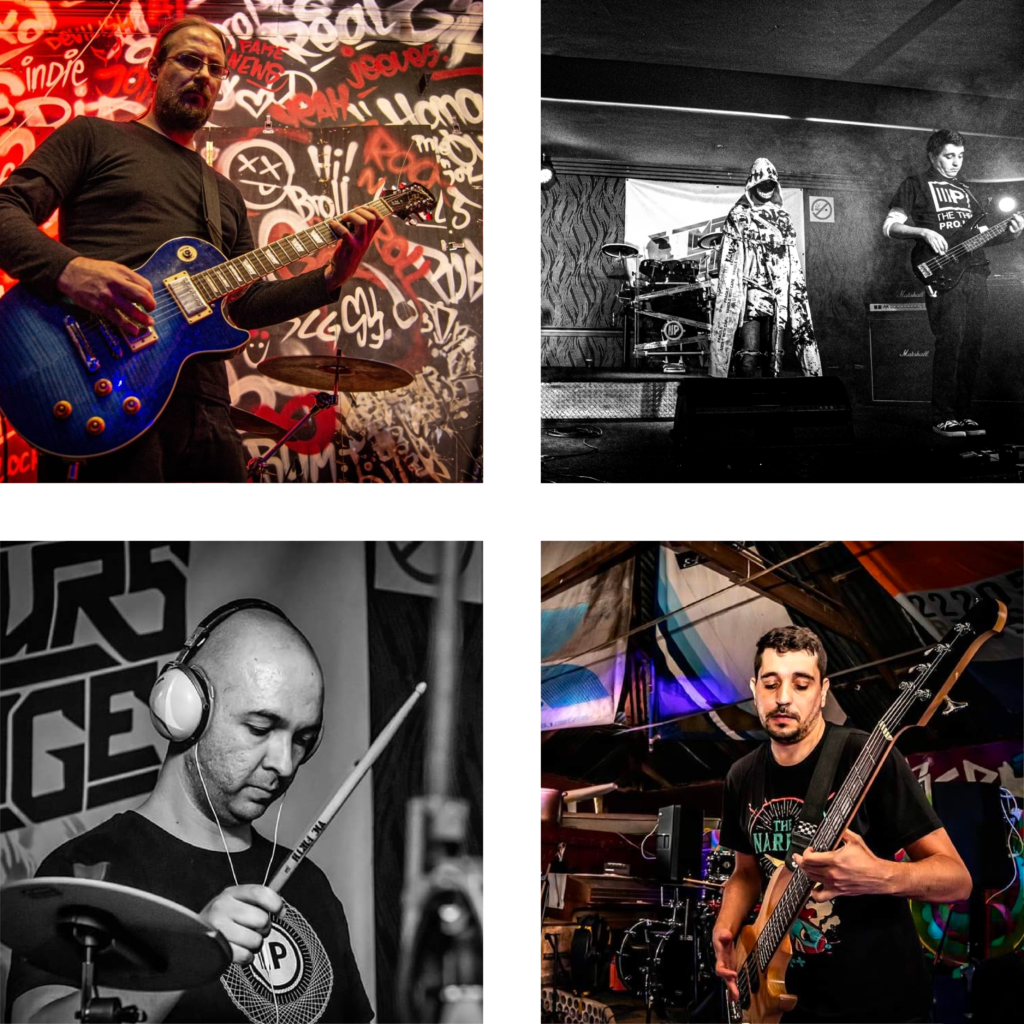 Four pictures capturing the band performing live on the stage.